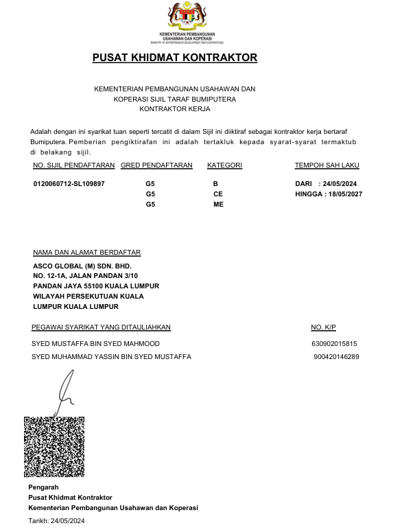 Bumiputera Contractor Certificate (PKK)